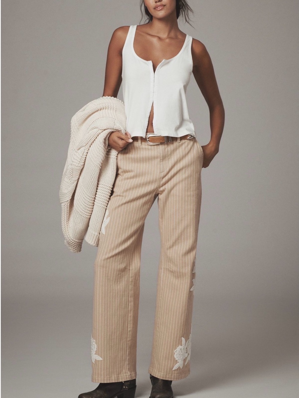 Anthropologie Beige Pinstripe Wide-Leg Pants with White Floral Embroidery